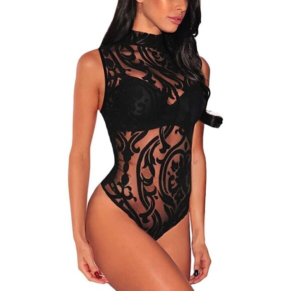 𝅺SHEER Mesh Turtleneck See Through Leotard Bodysuit Body Top Stretchy Sexy NWT - Picture 1 of 5